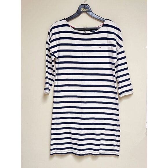 Tommy Hilfiger Womens 3/4 Sleeve Breton Dress Blue Ivory Striped Sz Small - Picture 1 of 6